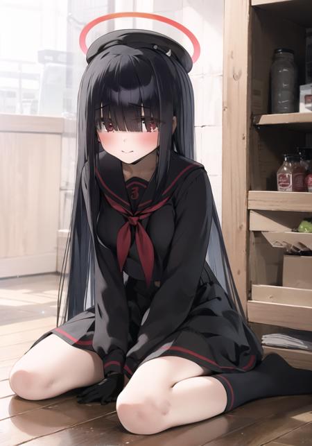 1girl,  solo, petite, mob-chan,
BREAK red_eyes, straight_hair, (very_long_hair), (blunt_bangs), (eyes visible through hair), medium_breasts, (blush), embarrassed, closed mouth, looking at viewer, light_smile,
BREAK black_socks, ((black_serafuku)), sailor_collar, (beret), black_hat, (halo:1.3), black_socks, hair_over_eyes,  black_hair, gloves, long_sleeves,  red neckerchief, pleated_skirt, loafers, uwabaki, black_gloves,
BREAK (full_body), (wariza), sitting, on_ground,
BREAK wooden floor, sunshine, (tyndall_effect), (convenience_store),
((masterpiece)), (highres), (best_quality), (highly_detailed),  (original),(Delicate background),(extremely detailed 8K wallpaper),cinematic lighting, volume lighting, light particles, shaded_face, beautiful_detailed_eyes, depth_of_field, perspective,<lora:ç¥ç§lora K:0.8>,<lora:Mob-chanAdvancedV1:1:lbw=char>