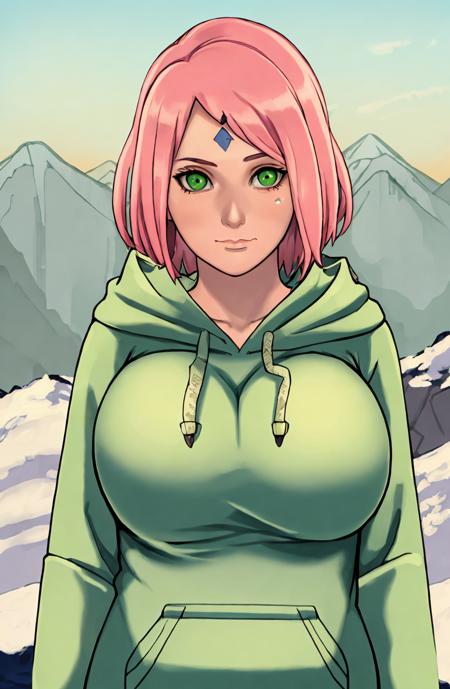 masterpiece, 1girl, green eyes, nose, pink hair, huge sagging  breasts, closed mouth,  looking at viewer, forehead mark, short hair, wearing a ( hoodie), background: snow covered mountain,  solo, (((upper body))),  <lora:Reinbach Style - c_20:1>,  <lora:Sakura[Boruto]V2:0.65>