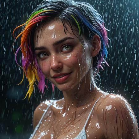 Extreme realistic depiction of a Wet Beauty Under Night Rain, wearing a thin sheer white negligee, curvaceous glamorous body, vibrant multicolor hair over one eye, extremely wet, realistic wet skin texture, realistic wet clothing heavy rain, realistic fabric texture, perfect breasts highlighted, adjusting her wet hair, head tilted slightly down. Show a few wet hair flyaways around her face, catching the light and adding a natural, slightly messy look. detailed iris patterns in her eyes, with subtle color variations and a bright highlight, glossy texture to her nails, with soft reflections and a natural curve, adding to the overall wet appearance. One hand resting on her cheek, the other hand relaxed at her side, looking at viewer, seductive smile, trending on artstation, sharp focus, intricate details, highly detailed, by greg rutkowski, mysterious, epic, cinematic, digital art, 4k, (photorealistic:1.3)