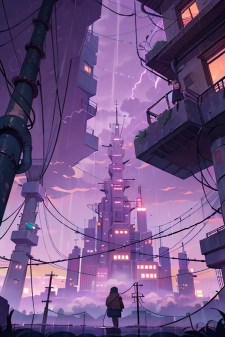 lanscape, amegakure  buildings, towers, dawn, cables, heavy rain, purple sky cloud, pipes, electricity, fog, cloudy sky, anime style, ghibli style,  ray of lights, <lora:ARWAmegakure:1>