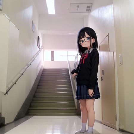 best quality, ultra-detailed, illustration,
kaidan, stairs, hallway, indoors, ceiling light, door, light, light rays, sunlight, window, 
1girl, glasses, black hair, long hair, black eyes, school uniform, blush, looking at viewer, standing,
 <lora:Kaidan_school_SD15_V4:1>