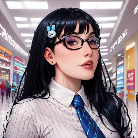 score_9, score_8_up, score_7_up, AdamHughesstyle, bg4, charturnerv2, 1girl, solo, kawakami_tomie, (mole_under_eye:0.75), long_hair, blunt_bangs, tinted glasses, (side profile facing right), walking in shopping mall,  (blue and paisley and lavender and pink buttoned shirt with tie and mini skirt), (light neon-blue and bright gold large pleather jacket with vertical stripes on sleeves), (blue and silver loafers), large breasts, cleavage, head tilted up, snake hair ornament, lips (blowing clear transparent ((gigantic huge)) bubblegum), pleasurable and happy look on face, (detailed 1980's neon lit bright Japanese shopping mall)