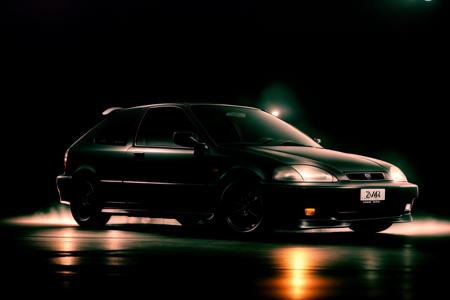 matte black CIVIC6 in dimly lit warehouse, neon lights, foggy warehouse at night, bokeh, depth of field, volumetric light, gobo light, 1 car, analog, portra 800 film, <lora:CIVIC6:0.8>