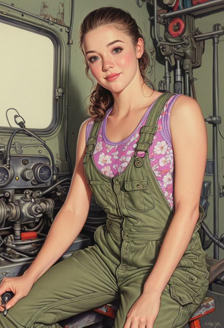DRAWING of a realistic version of Kaylee Frye, mechanic, wearing a patterned purple and pink tee under a sleeveless olive_green coveralls, greasy, sweet, cute, happy, inside workshop
Creative angle, dynamic_pose, pinup_model, (masterpiece),ArsMJStyle, Colored pencil hyperdetailed realism,