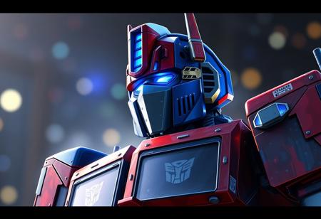 Create a character concept art of Optimus Prime from Transformers, with a futuristic, masculine figure, and detailed organic painting style inspired by Studio Ghibli. Incorporate Optimus Prime's character with a sense of depth, using matte painting techniques and Bokeh effect, while maintaining a balance between the heavy details and artistic style.