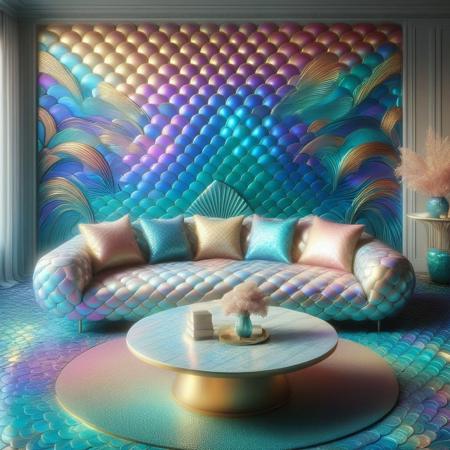 p1nk1r1sc4l3s, a futuristic living room with a couch made out of iridescent scales, masterpiece, best quality, highly detailed, sharp focus, dynamic lighting