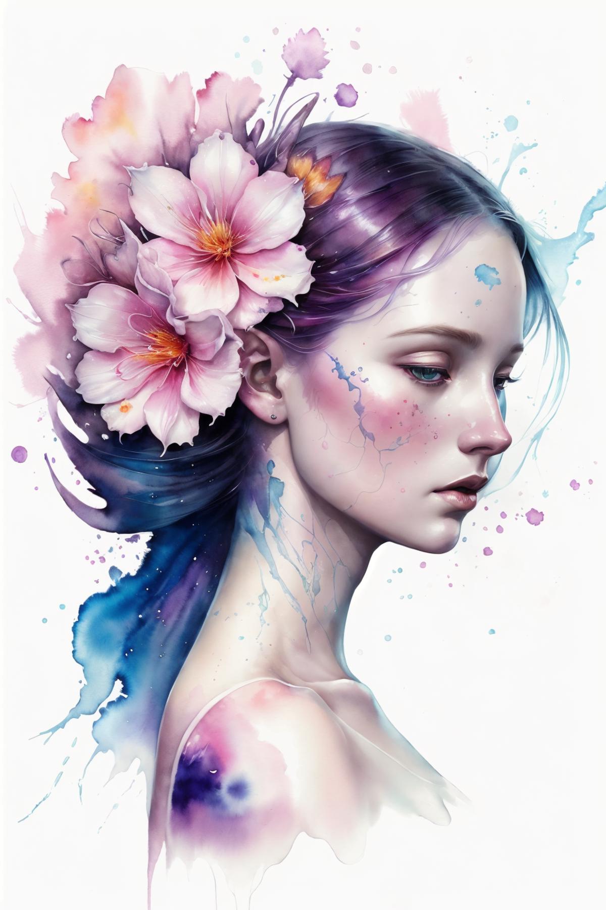 A Painted Portrait of a Woman with Purple Hair and Flowers in Her Hair.