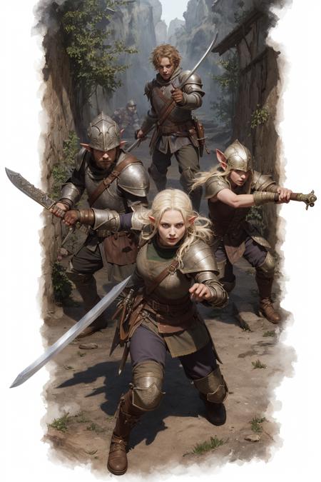 elf paladin girl with sword attacking bandits , dungeon