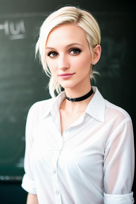 photo of (ashlee:0.99), a woman, RAW, close portrait photo, white collared shirt, choker, black hair, indoors, classroom, chalkboard, (detailed eyes, detailed face):1.2), 8k uhd, dslr, soft lighting, high quality, film grain, Fujifilm XT3 sharp focus, f 5.6