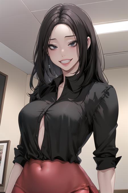 <lora:ChaJuhee_BNW:0.9> juheedef, black hair, grey eyes,
upper body, grin, eyelashes, parted lips, smile, long hair, pink lips, teeth, looking at viewer, large breasts, black shirt, collared shirt, red skirt, pencil skirt, covered navel,
masterpiece, best quality,