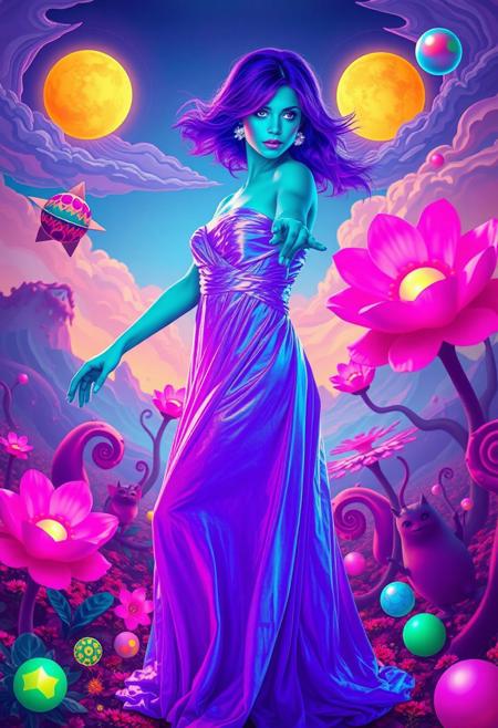 Realistic photograph of a beautiful woman with vibrant purple hair and glowing turquoise skin, standing in a surreal landscape. She’s wearing a flowing gown made of shimmering, iridescent fabric that reflects the colors of the bizarre environment around her. 
The background features a sky filled with two suns and swirling clouds in neon hues, while giant, oversized flowers with spiraling petals bloom in a whimsical garden. Strange creatures with whimsical shapes playfully interact nearby. 
The woman has an ethereal expression, her eyes sparkling with otherworldly light, as she gracefully floats above the ground, surrounded by floating geometric shapes and luminous orbs. The scene conveys a dreamlike, fantastical quality, blending beauty with a sense of the extraordinary.