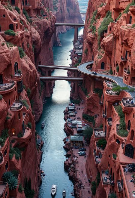 This is a city carved into the walls of a narrow red rock river valley.  The river has many tributaries, and meanders in many directions.  There are railed balconies and windows in the cliffs and several bridges that span the river at different heights.  There are boats and docks in the rivers, roads and doors along the shoreline, and an elevated freeway that runs in and out of various tunnels.  It is just after sunset and lights can be seen in windows, along roads, from cars, and on boats.  There are many desert plants and succulents on every ledge.  A few skyscrapers stand at the water's edges.  The buildings are ornate.  There is foliage everywhere.
