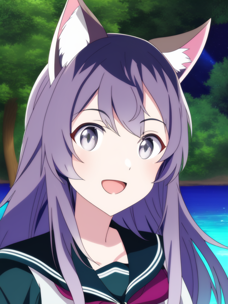 portrait, (solo, 1girl), portrait, (solo, 1girl), night time, dark, small breasts, (Grey eyes), long hair,(Purple hair) wavy hair, (Dark Yellow school uniform, serafuku), mountains, trees, forest, lake background, best quality, 1girl, cat tail, cat ears, smile, open mouth, (anime, waifu, new, newest:1.2), (anime, waifu, new, newest:1.2)
(exceptional, best aesthetic, new, newest, best quality, masterpiece, extremely detailed, anime, waifu:1.2)  <lyco:NotSHAFT_v2-epoch05-Dadapt-WD15BWeeb:1.0>