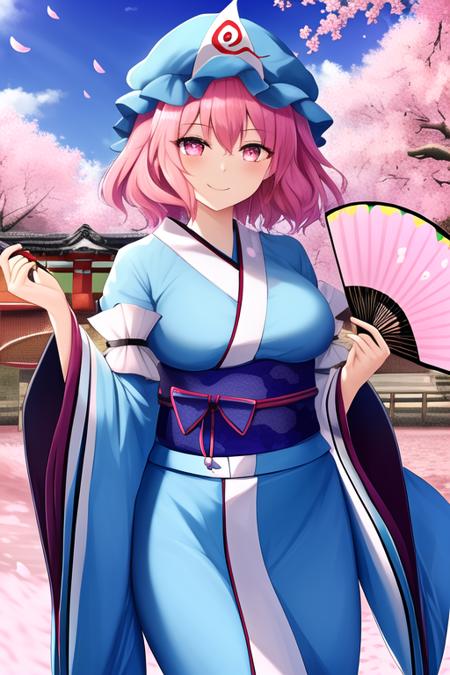 masterpiece, best quality, highres, solo, {saigyouji_yuyuko_touhou:1.10}, pink_hair, hat, short_hair, triangular_headpiece, pink_eyes, mob_cap, blue_headwear, sash, smile, bangs, ribbon, breasts, cherry_blossoms, hair_between_eyes, obi, 1girl, japanese_clothes, bug, butterfly, hand_fan