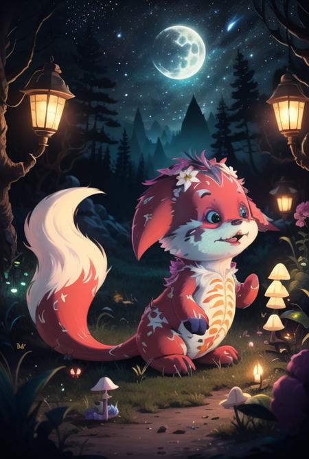 (8k, RAW photo, best quality, masterpiece:1.2), 
red fur, white eyes, claws, fang, bones, fluorescent mushroom forest, night, fluorescent stars, magic, magical flowers, spirits,kacheek, <lora:Kacheek:0.70>