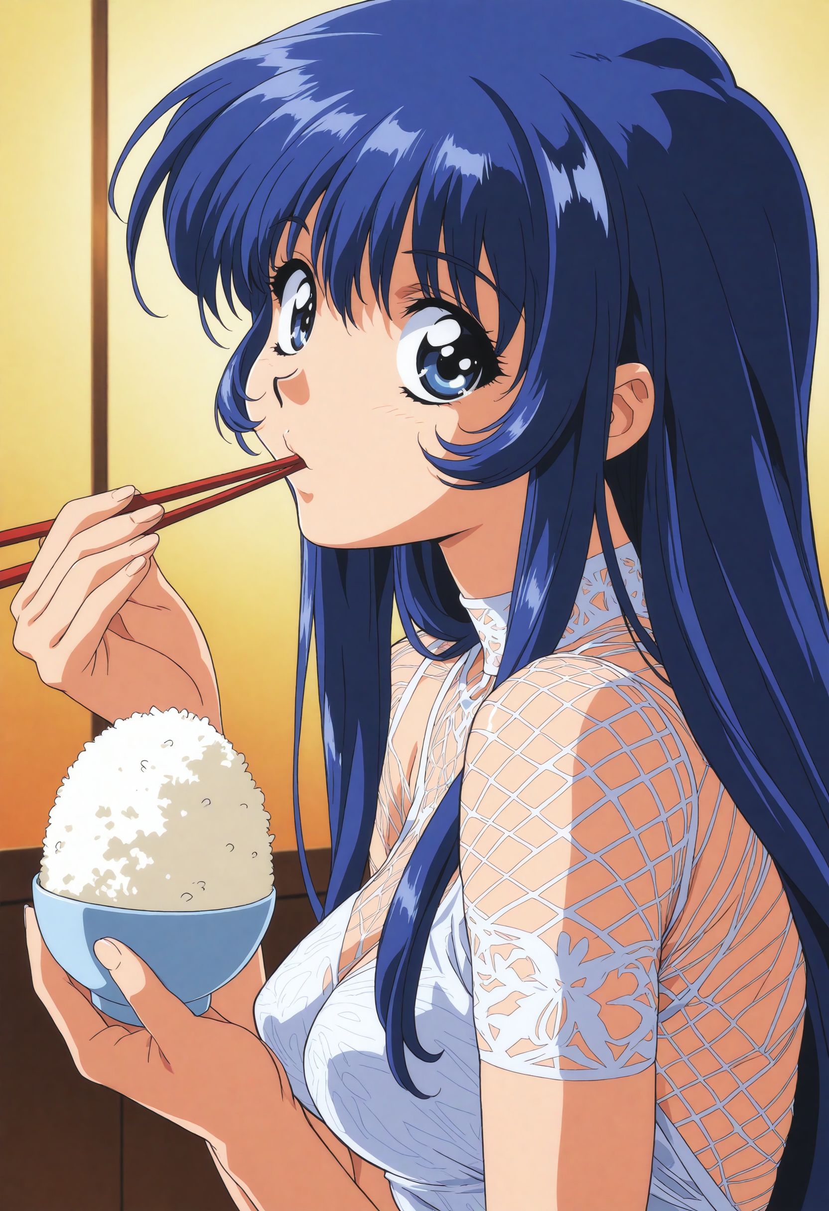 A blue-haired woman with blue eyes eating a rice out of a bowl with chopsticks. She is wearing a sheer white lace top. The background is a well-lit, warm-toned room with soft lighting.