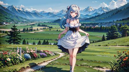 masterpiece, best quality, smile, blush, sky, mountain, forest, flower field, petals,
1girl, breasts, cleavage, day, dress, field, grass, hill, horizon, long hair, mountainous horizon, open mouth, outdoors, skirt hold, sky, smile, solo, standing, white dress, white footwear,