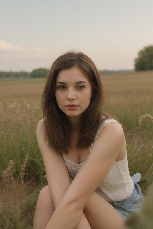 Brunette girl sitting in a field smelling a flower