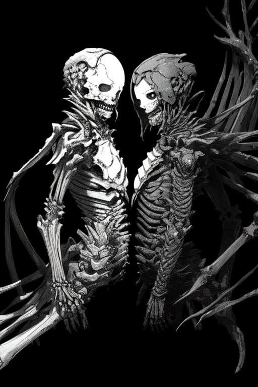 abara, (front view, facing viewer:1.3), two girls, bones, black gauna, dark background, (best quality, highly detailed, be...