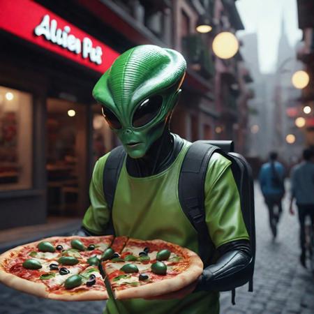 Create an alien pizza delivery boy, pizza bag, pizza hut and an alien city environment.,masterpiece,8k hd ,dynamic pose,cinematic shot, ultra sharp, photorealistic, professional, 4k, highly detailed, film grain