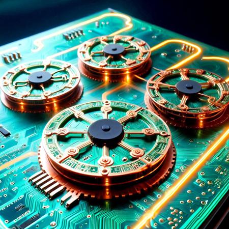 Ancient Greek Antikythera Mechanism as a futuristic holographic circuit board, macro shot, translucent green PCB layers, intricate copper traces, zodiac symbols glowing neon, Tron-inspired riders on hover bikes racing across, vibrant cyan and orange light trails, surface-mount chips, floating gears, ambient cosmic haze, cinematic lighting, shallow depth of field, 8K resolution, ultra-detailed, in the style of I.M. Pei and Frank Lloyd Wright, modernist and geometric architecture, clean lines, organic integration, harmonious structure