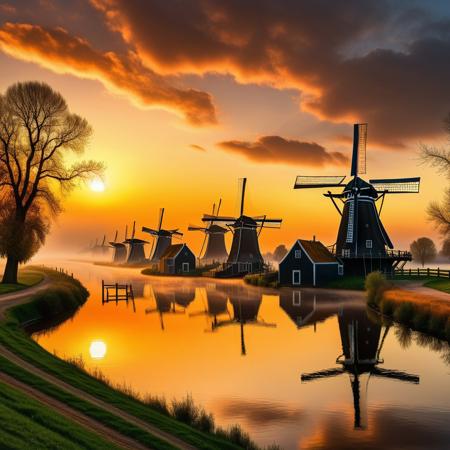 Three Dutch windmills in a row along a wide but gently flowing river. The scene is seen at sunrise, with a mist over the waters of the river, diffusing the orange-yellow glow of the rising sun. In the background behind the windmills are a line of trees.