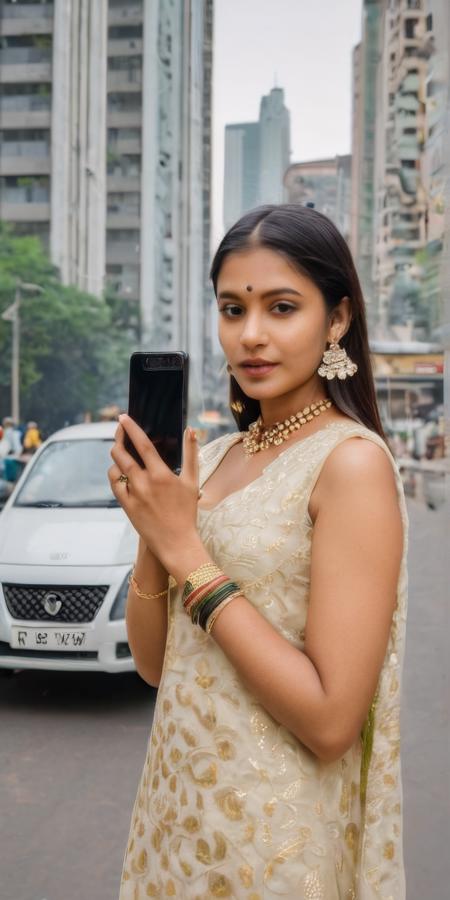 A young woman wearing stylish Indian clothing, adorned with exquisite Indian jewelry, holding a modern smartphone, standing on a bustling street in a busy Indian city with tall buildings and hectic traffic in the background. High-quality image capturing the blend of modernity and tradition in contemporary India, showcasing vibrant colors and cultural fusion. Perfect for projects related to modern Indian fashion, urban lifestyle, and technology.