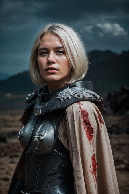 (masterpiece, best quality:1.1), photograph, Porta 160 color, shot on ARRI ALEXA 65, bokeh, depth of field, shot by Don McCullin, (blemishes, skin pores, textured skin:1.1), sharp focus, vibrant colors, PA7_Photo, PA7_Human-Likeness, volumetric lighting, <lora:detail_slider_v4:1>, <lora:FujiVelvia50:0.5>, <lora:GoodHands-beta2:0.8>,
solo, 1 girl, adult israeli woman, gorgeous, coral eyes, (white hair:1.25), wedge cut hair hair,  grim determination, (bloody battle scars, scarred, scathed:1.15), <lora:edgWar40KAdeptaSororitas:0.85>, edgAdepta, wearing edgAdepta, power armor, shoulder armor, skull emblem,   grimy, dirty, billowing cape,
(epic, cinematic:1.1), grim dark, battlefield in background,   black smoke rising, particle effects,  darkness, night, storm in background, (lightning:1.1),  <lora:epi_noiseoffset2:0.6>,