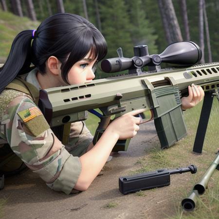 1girl, solo, weapon, gun, holding weapon, camouflage,sniper rifle, outdoors, black hair, holding, holding sniper, twintails, bag, long hair, long sleeves, tree, blue eyes, scope, bangs, jacket, blush, upper body, grass, trigger discipline,masterpiece, sharp, ultra detailed, 8k,(high detailed skin:1.2) , 50mm, <lora:sniper50mm-000001:1>