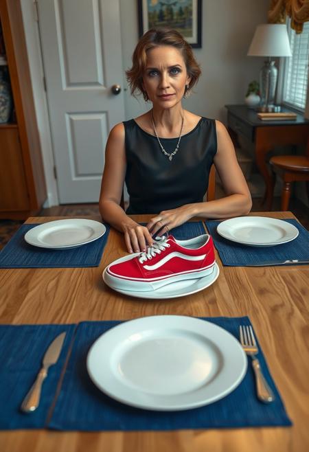 ((highly detailed skin:1.2)), 8k uhd, dslr, Fujifilm XT3, highest quality, masterpiece, photorealistic, detailed skin texture, (highly detailed hair), sharp body, ultra realistic face.
woman sitting at dining room table. she is ready to eat, the room is decorated like a family home from the 1960's. she is dressed for a fancy diner party, black dress and nice jewelry, the table is natural colored oak. on the table are four blue placemats. on the placemats there are very large white plates. on either side of the plates there are a knife and a fork.
She is about to eat a shoe. (((There is a one red Vans deck sneaker on the plate in front of her))). there is no food on the plates. (((Vans sneaker))), (((one sneaker on the plate))), (((eating one sneaker))), sneaker instead of food, sneaker for dinner, (((actual size sneaker on the plate))), she is about to eat a sneaker on the plate, there is one sneaker on the plate, a plate with a sneaker for dinner, (((the sneaker on her plate is her dinner))), (((the food is her sneaker))), she is serving the sneaker for dinner, she put her sneaker on a plate and is ready to eat it