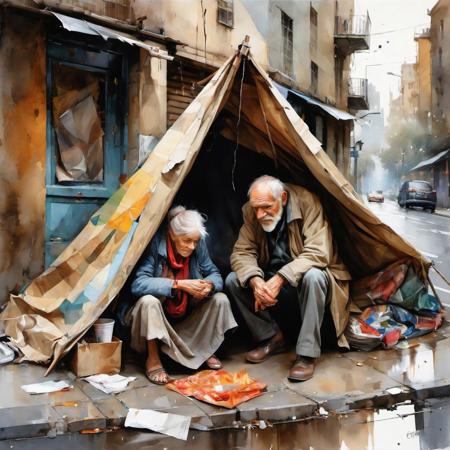 a makeshift beggar's tent on a sidewalk, built out of a patchwork of tattered tarps and dilapidated cardboard walls, destitute but happy old couple inside, by Thomas Wells Schaller :: Leonid Afremov :: Carne Griffiths :: Russ Mills