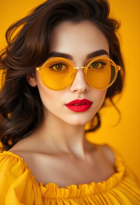 Close-up of a woman with dark brown, wavy hair and round, yellow sunglasses. 
The woman is positioned against a solid yellow background. Her face and upper torso are the central focus.  Her skin appears smooth and light-toned. 
She has a soft, slightly lifted expression, and her lips are painted with a vibrant, coral-toned lipstick. Her eyes are visible beneath the sunglasses.
The sunglasses are round and yellow, with gold-toned rims and a noticeable frame.  
The woman is wearing a loose, yellow, off-the-shoulder top with a ruffled or pleated design. The fabric looks like a type of soft, flowing silk or chiffon. The fabric texture is visible; the pleats and folds are apparent.
The lighting highlights the woman's features and creates a warm, slightly soft glow. The yellow background contrasts sharply with her skin and clothing, emphasizing her appearance. The image's overall aesthetic is fashion-oriented, possibly for a magazine or social media.
<lora:FLUX-daubrez-DB4RZ-v2:1> DB4RZ, DB4RZ style painting