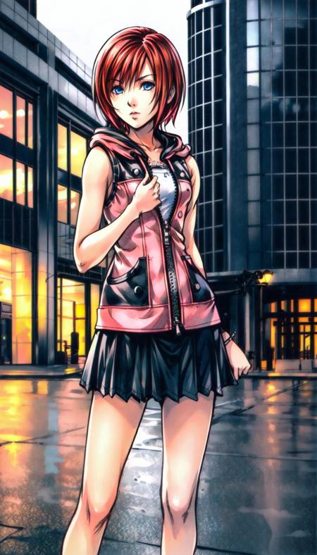 Kairi long hair, short pink dress, zipper short hair, pink hoodie, black skirt