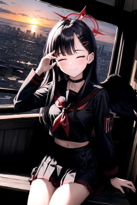 <lora:IchikaV1:0.75>, swept bangs, sidelocks, black serafuku, black sailor collar, pleated skirt, hairclip, black choker, red neckerchief, red armband, (black wings:0.9), long sleeves, halo, cityscape, sunset, eyes closed, smiling, sitting, (best quality, masterpiece:1.4), 1girl