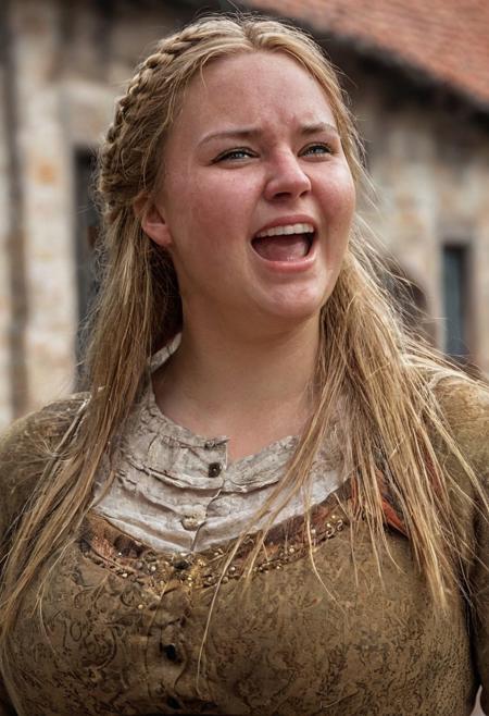 photorealistic picture (close up) of a poor, lowclass german woman 32 y.o.,overweight, simple clothes, medieval times, long ash-blonde hair,  huge natural breasts, standing on a village square, laughing, photorealistic, intricate high detail, dramatic, skin pores, detailed, (vibrant, full body photo realistic, realistic, dramatic, dark, sharp focus) ((film grain, skin details, high detailed skin texture, 8k hdr, dslr)) nsfw hyperrealistic, perfect hands, intricate details, skin pores, perfecteyes