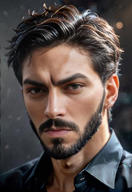 portrait of a Desperate businessman, vogue, intricate, elegant, highly detailed, digital painting, concept art, smooth, sharp focus, 8k, film grain, vignetting, chromatic aberrations, dramatic lighting ,  man with a short and( light beard:1.2) and a black shirt is looking at the camera with , Artgerm, highly detailed digital painting, a photorealistic painting, photorealism, SimplePositiveXLv2, black hair , brown eyes , simple background , gray background