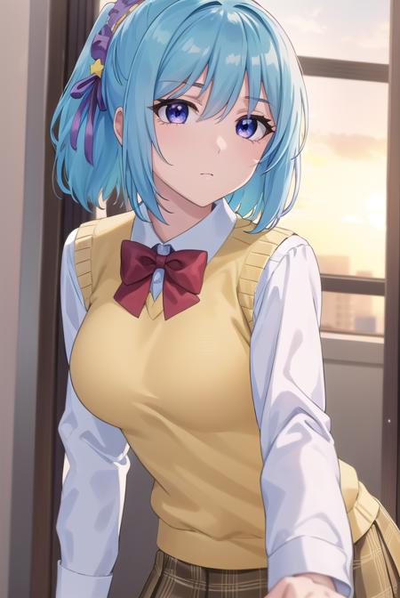 kurumukurono, <lora:kurumu kurono s2-lora-nochekaiser:1>,
kurumu kurono, short hair, blue hair, (purple eyes:1.1), ponytail, ribbon, hair ribbon, hair ornament,
BREAK shirt, white shirt, long sleeves, bow, red bow, sweater vest, yellow sweater vest, skirt, plaid skirt, green skirt, socks,
BREAK indoors, classroom,
BREAK looking at viewer, (cowboy shot:1.5),
BREAK <lyco:GoodHands-beta2:1>, (masterpiece:1.2), best quality, high resolution, unity 8k wallpaper, (illustration:0.8), (beautiful detailed eyes:1.6), extremely detailed face, perfect lighting, extremely detailed CG, (perfect hands, perfect anatomy),