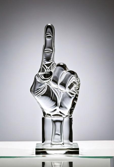 A clear glass sculpture of a raised fist showing the middle finger