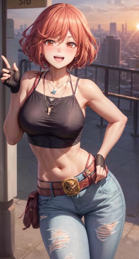 masterpiece, best quality, absurdres, illustration, 8k, detailed shadows, indricate, blush, skindentation, cowboy shot, ulta-realistic, anime eyes,   <lyco:lighting_loha:0.3>,
BREAK pflex, 1girl, (shiny skin:1.2), solo, crop top, (abs:0.7), short sleeves, collarbone, ripped jeans, necklace, fingerless gloves, smile, open mouth, happy, cute, belt, straps, hand on hip, teeth
cityscape, setting sun,