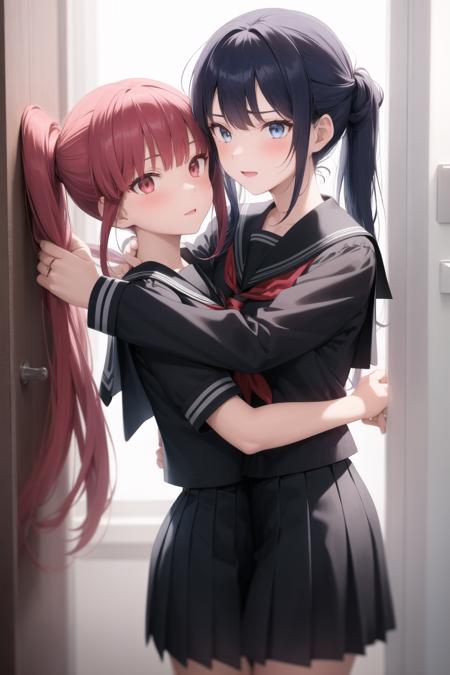 <lora:grabbing_anothers_hair_v0.1:1.0>
2girls, grabbing another's hair, school uniform, long hair, blue hair, multiple girls, serafuku, holding another's hair, hug,, masterpiece, best quality, highly detailed