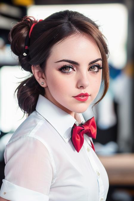 photo of a woman, lizgillies,((hair up , hair in bun):1.1) ((bowtie, white shirt, shorts):1.2), ((closeup, portrait)),((garage, tools, workbench):1.2),((red lipstick, eyeliner, eye shadow, blush)), ((best quality, masterpiece, extreme details, high resolution):1.2),((detailed eyes, beautiful eyes, detailed face, beautiful face):1.2)