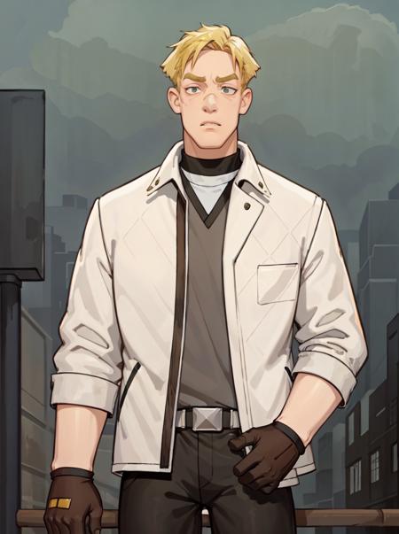 neutral palette, comic style, muted colors, illustration, cartoon, soothing tones, low saturation, popovich, solo, serious look, short hair, blonde hair, gloves, long sleeves, 1boy, white jacket, city,  black pants, thick eyebrows, brown gloves,  SLE  <lora:popovich-20:0.5>