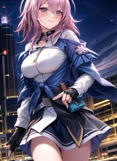 1girl, bangs, black gloves,  blush, breasts, city,fingerless gloves, gloves, sunset,(volumetric lighting), jacket, long hair, long sleeves, pink hair, shirt, sky, walking, smile, solo