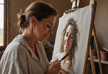 *A hyper-detailed candid Híper realistic (8K) portrait of a 38-year-old woman with sun-kissed olive skin and auburn waves loosely tied back, her freckled nose catching the light. She stands at an easel in a sunlit studio, one hand holding a paintbrush, the other wiping a smudge of ochre pigment from her linen smock. Laugh Lines crinkle as she squints at her canvas, lips parted in concentration. The background blurs into muted earth tones—clay pots, dried brushes, a draped kilim rug. Shot on a Nikon Z8 with a 50mm f/1.2 lens, highlighting her chin scar, flyaway hairs, and the texture of her ink-stained fingers.*