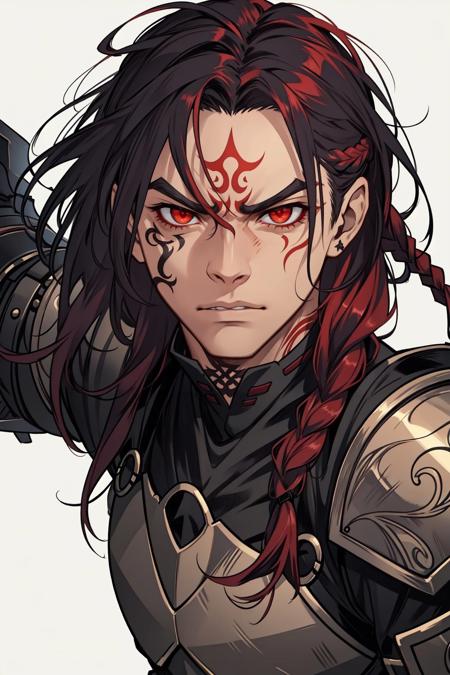 portrait, solo, upper body, looking at viewer, detailed background, detailed face, 1boy, orc, fierce, formidable, broad face shape, fiery red eye color, braided black hair, tribal tattoos, battle-worn armor, fierce expression, unyielding feeling of the image.  <lora:AZovyaRPGArtistToolsLORAV2art:0.6>