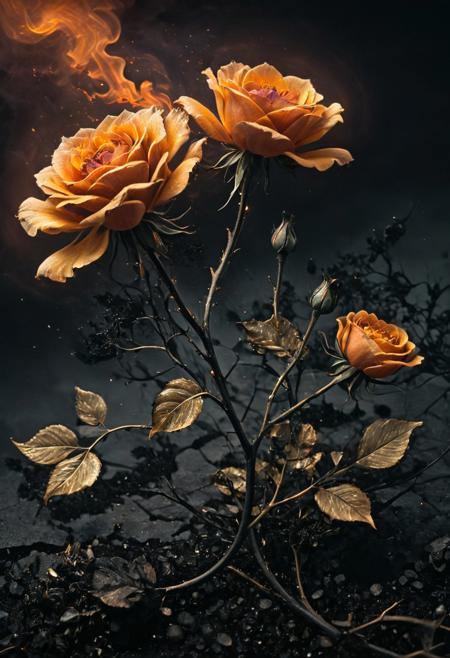 cinematic photo breathtaking hyperrealistic art A digital illustration combining elements of two images: a scene of black, charred roses with faetastic Glowing  embers amidst a dark, ash-covered ral-oilspill ground, and an shiny intricate  fractal design resembling a ral-polishedsteel golden flower with complex patterns and details. The composition blends the dark, burnt elements with the bright, glossy elegant fractal flower, creating a dramatic and surreal visual effect with high contrast and day-glo details.  <lora:FaeTastic:0.3>    <lora:ral-polishedsteel:0.2>   <lora:ral-oilspill:0.2>  . extremely high-resolution details, photographic, realism pushed to extreme, fine texture, incredibly lifelike . award-winning, professional, highly detailed . 35mm photograph, film, bokeh, professional, 4k, highly detailed, warm orange and pink hues casting a beautiful glow, cinematic lighting, detailed digital painting by Aaron Blaise and Robert Bateman and Carl Runguis, 4k resolution, hyperrealistic rendering, ethereal atmosphere. highly detailed and hyper realistic photo, by Alena Aenami , by Archibald Thorburn , by Daniele Afferni , in the style of  monochromatic silhouette reflection,  limited dark palette, unusual dark colors, faded colors, atmospheric haze, highly dramatic cinematic lighting, motion blur, film grain,  professional, excellent composition, finest details, maximized details, ultimate detail level, masterpiece, best quality