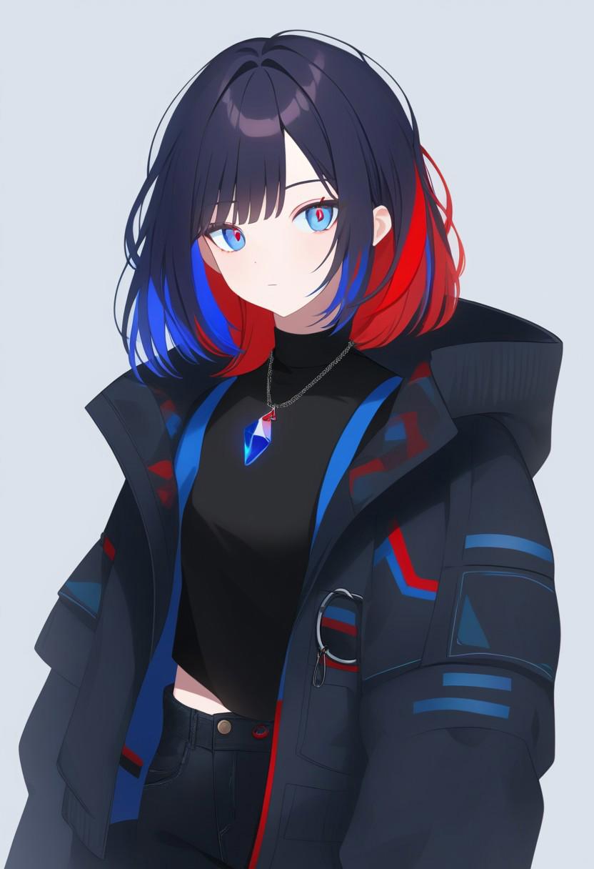 Young woman, black cropped tank top, black jeans, short black hair, hair with red strands, hair with blue strands, black puffer jacket with red and blue accents, neckace with blue gem