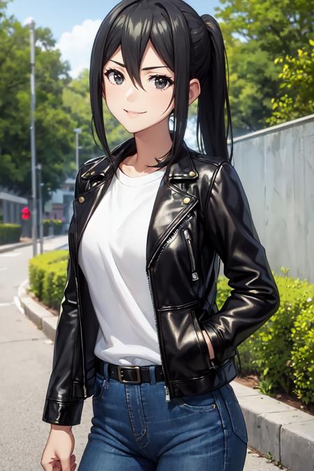 RyoukoKusakabe, ponytail RyoukoKusakabe, ponytail, headgear, mecha musume, bodysuit, mechanical wings RyoukoKusakabe, ponytail, military uniform, green pants RyoukoKusakabe, ponytail, black jacket, leather jacket, white shirt, black belt, jeans