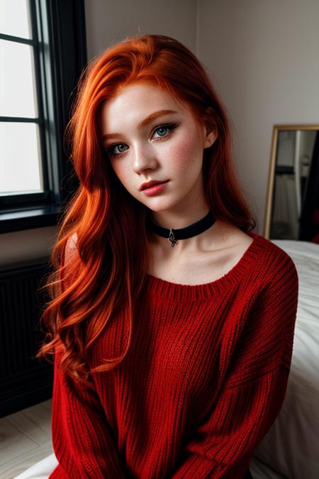raw photo, (18yo redhead girl:1.2), makeup, graphic eyeliner, rouge, (choker:0.9), realistic skin texture, oversize knit sweater, (red:0.8), softcore, warm lighting, cosy atmosphere, instagram style, <lora:more_details:1>