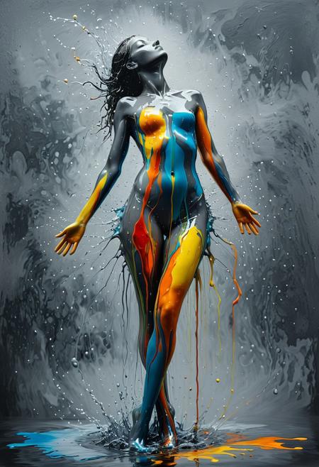 A creative, abstract painting showcases a woman depicted with wet, flowing colors that seem to drip and blend together on her form. She assumes unusual and dynamic poses, with her body and limbs bent at unconventional angles. The smoky gray background creates a soft, misty ambiance that contrasts with the intense, wet paint on her body. The artwork possesses an artistic and surreal quality, as if the woman and her poses are an integral part of the painting, merging with the background while simultaneously standing out due to the vivid wet paint effect.